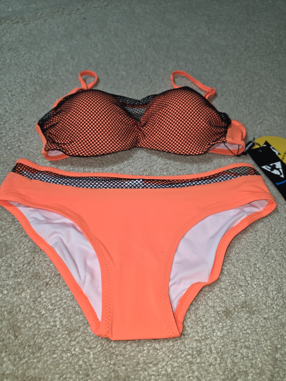 smart & sexy Neon Orange Bikini Black Mesh Overlay Medium $45 NWT